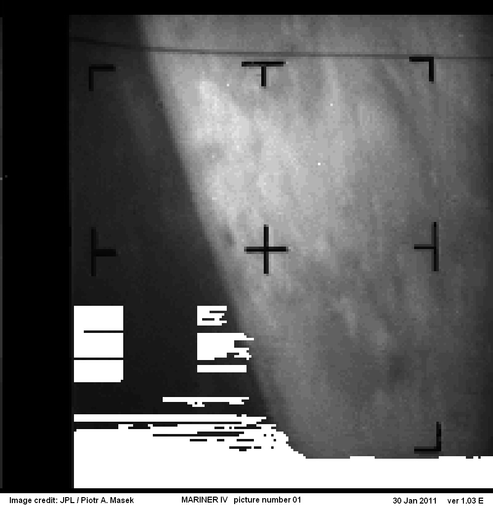 The first image from Mariner 4, white parts showing gaps in transmission and highlighting pixel boundaries.